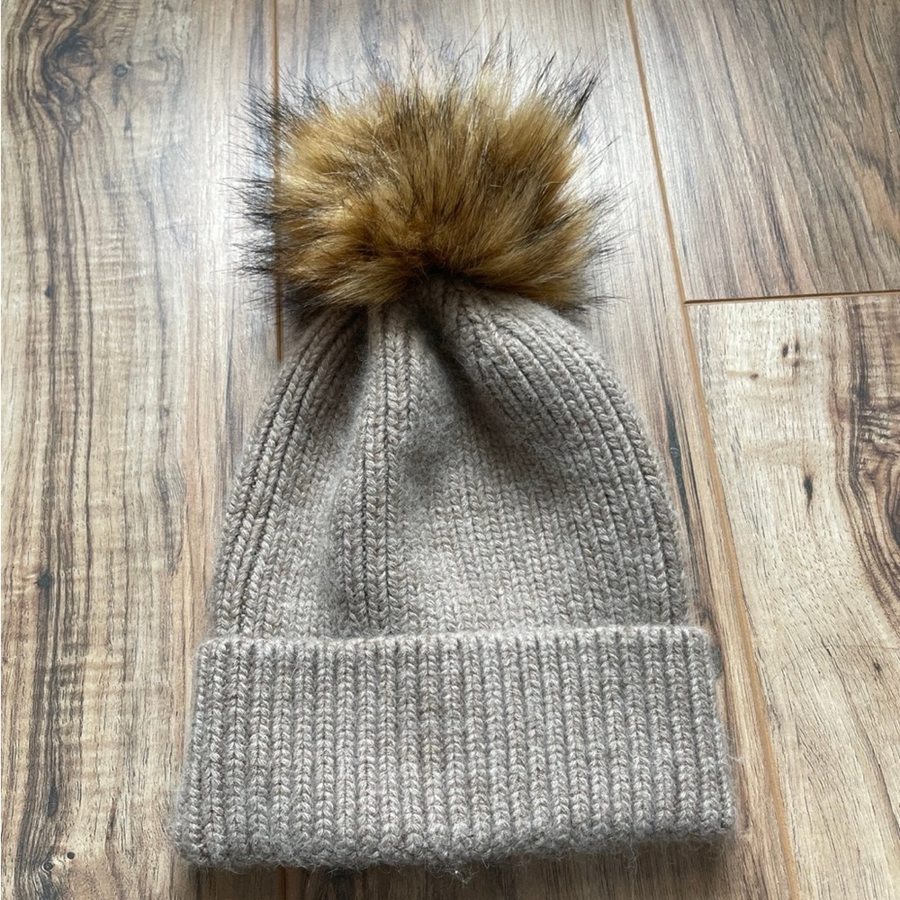 Anthropologie Tan Knit Beanie with Faux Fur Pom